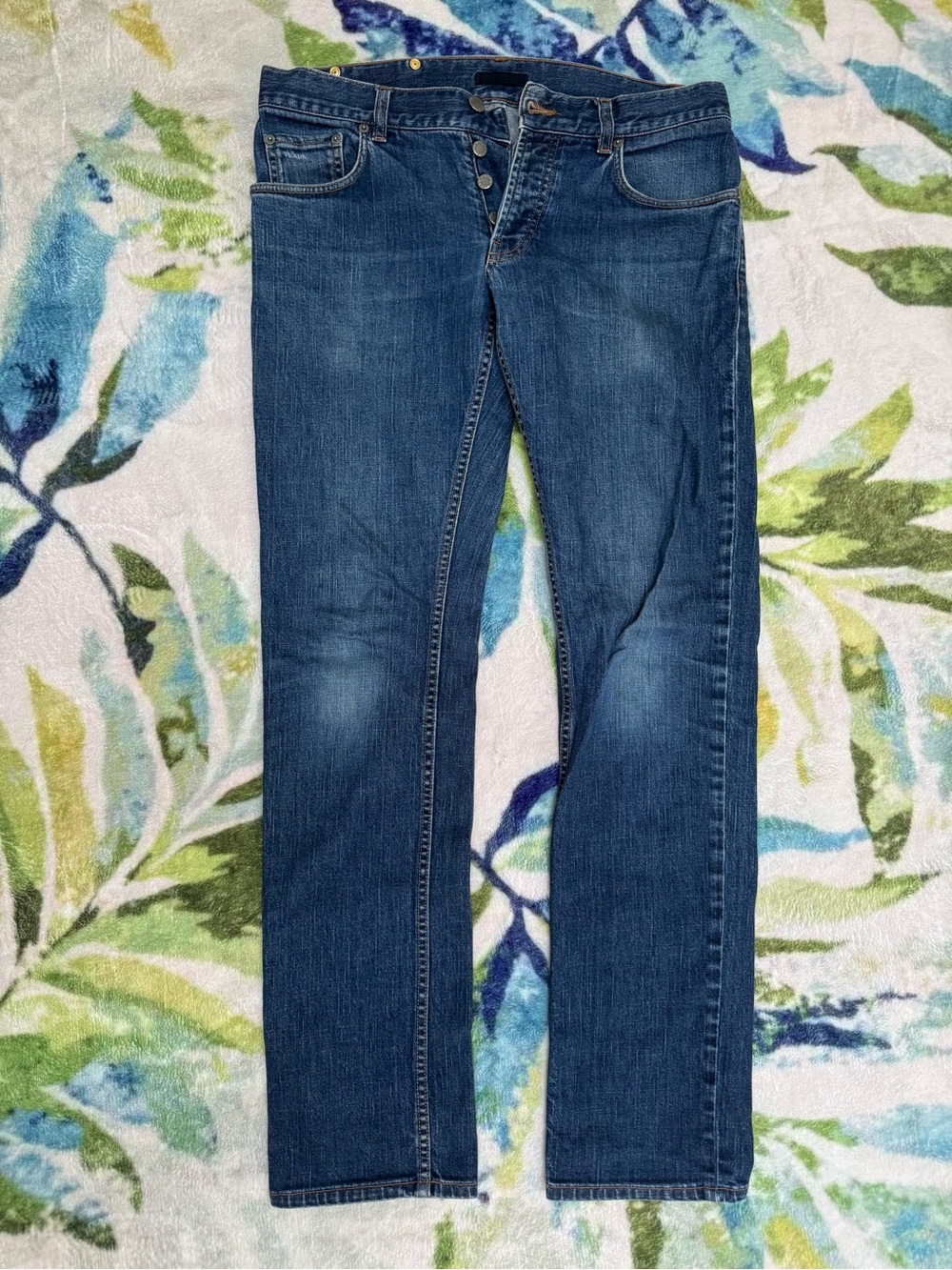 PRADA Men’s Tapered Fit Jeans Blue Denim Leather Logo Patch Size 33